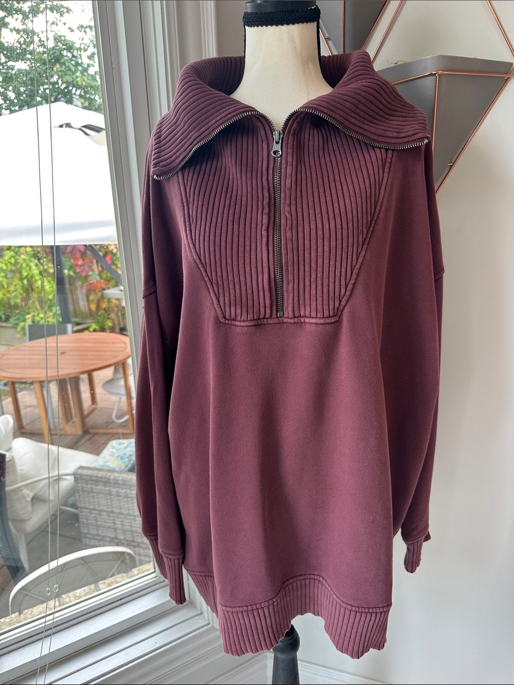 AERIE Pullover Sweater Maroon Burgundy Half Zip Sweatshirt Funnel Neck Size XL